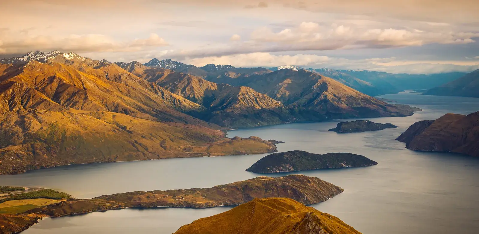Sunset over Lake Wanaka and its islands from above